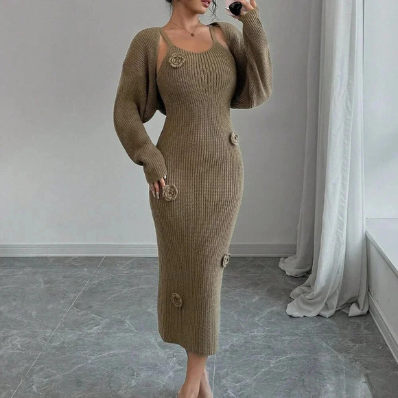Coffee Brown Casual Women's Floral Camisole Sweater Dress And Cardigan Set - Picture 1 of 6